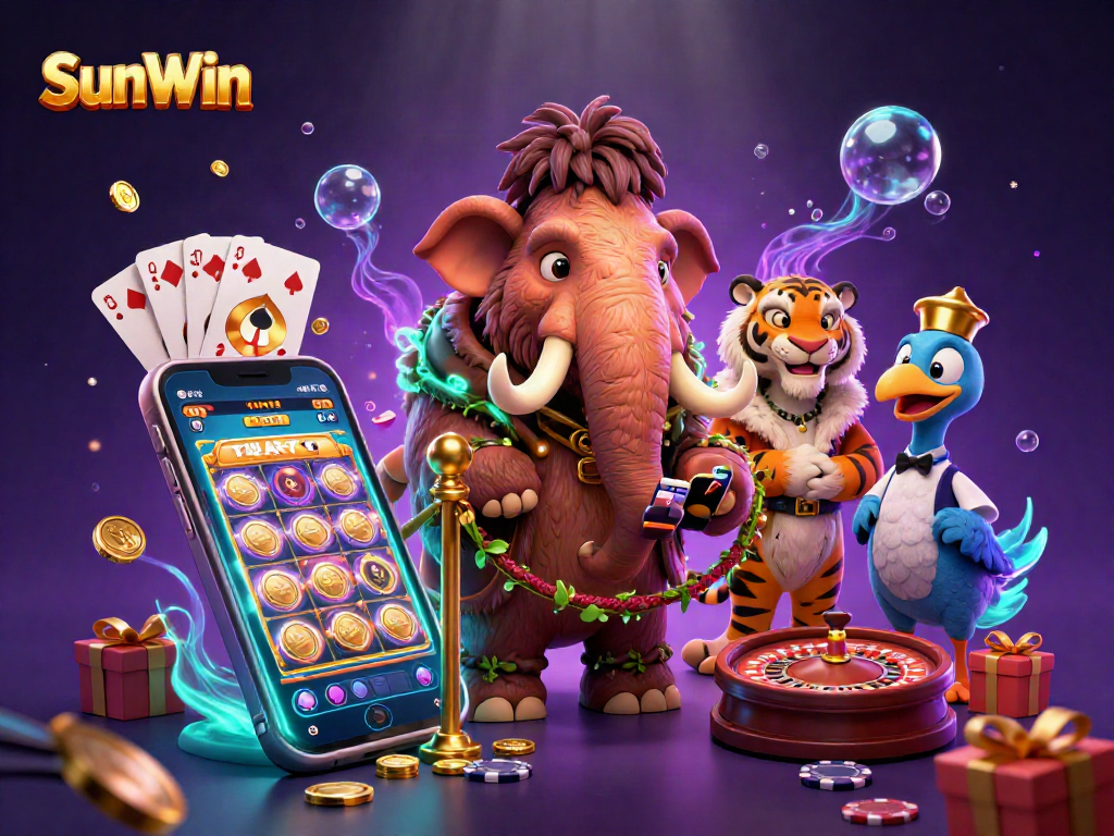 Engage with SunWin's casino action featuring a vibrant scene with 3D characters and slot games.