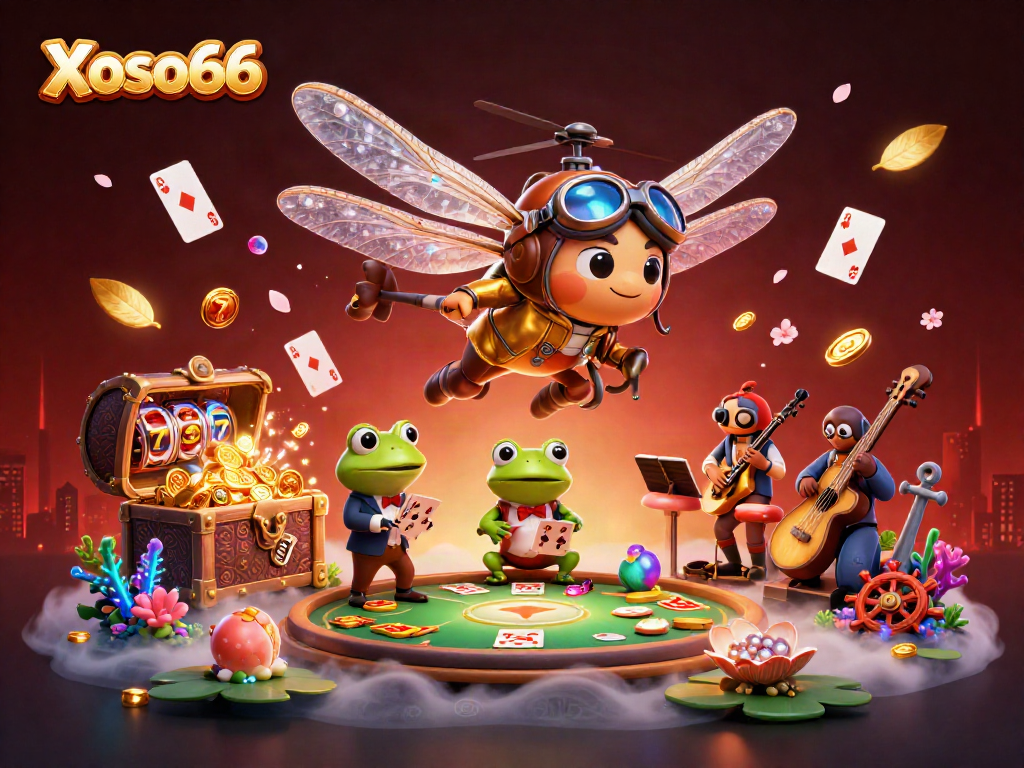 Xoso66 invites players to win big with a cartoon dragonfly pilot and frog dealer in a vibrant casino scene.