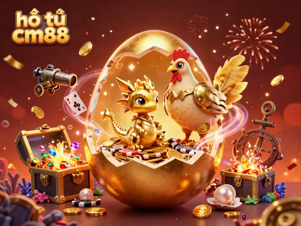 Engage with hổ trợ cm88 as a golden dragon emerges from a casino-themed egg, surrounded by riches.