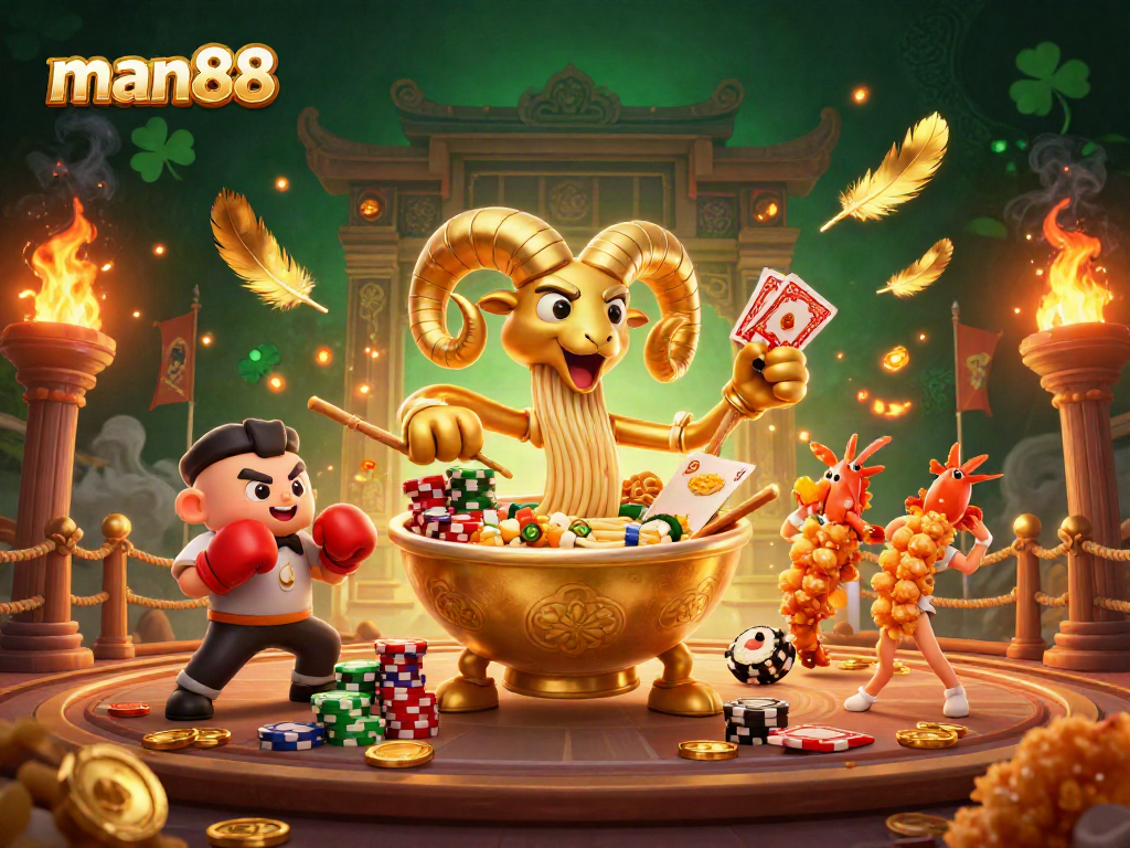 Engage with man88's thrilling casino experience featuring a golden ramen bowl dealer amidst energetic cheerleaders.