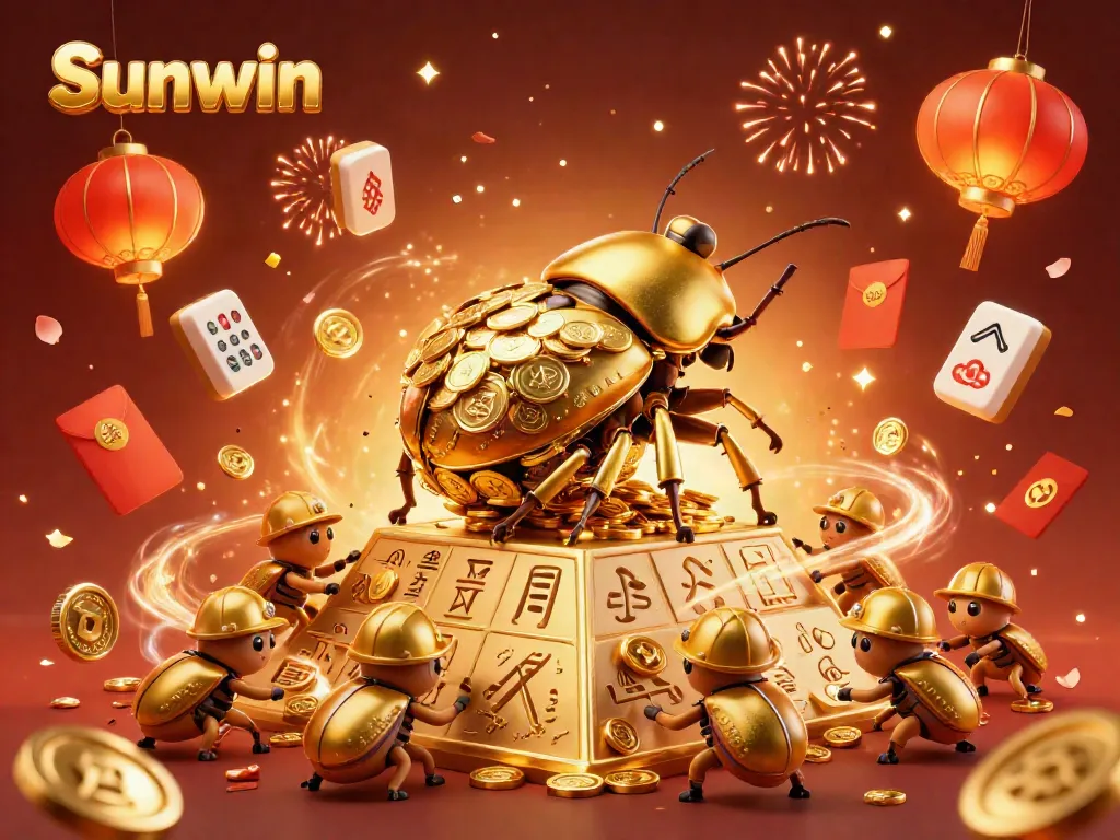 Sunwin showcases a vibrant 3D scene with golden beetles rolling coins, celebrating rich gaming.
