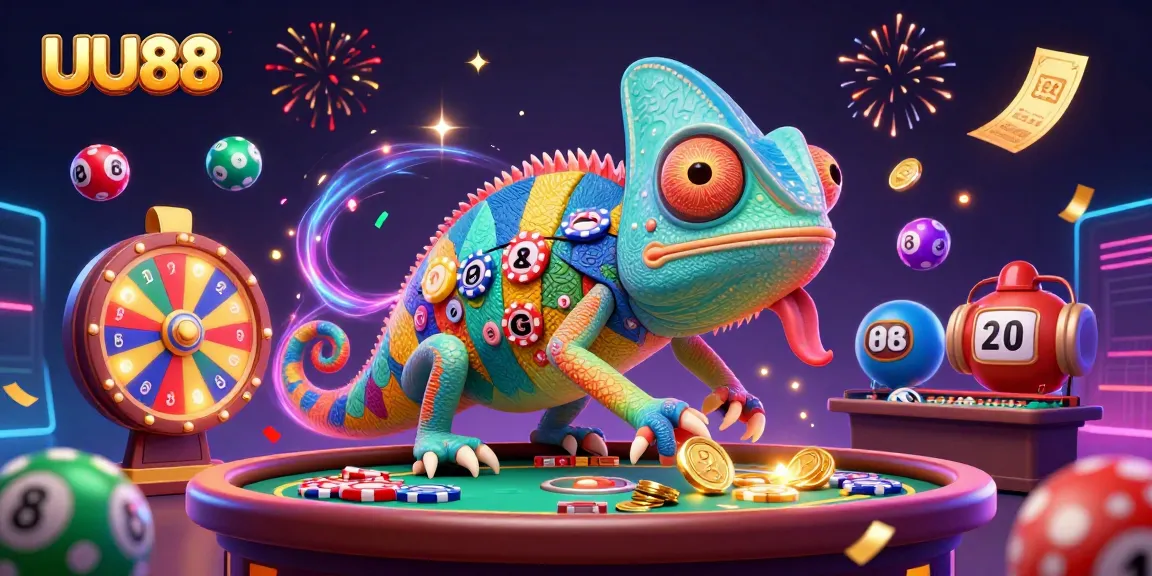 UU88 casino owner chameleon collects golden coins amidst vibrant lottery and gaming elements.