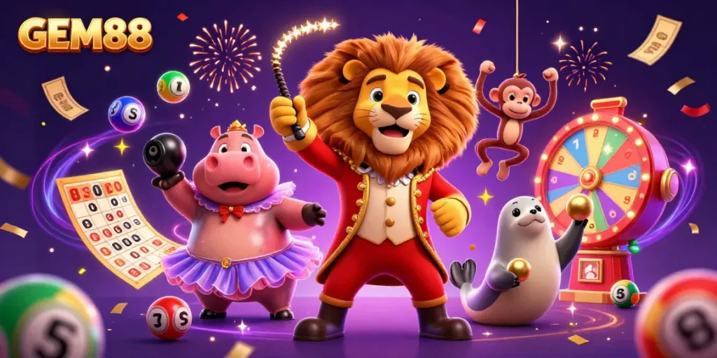 GEM88 brings excitement with its 3D cartoon circus characters, vibrant games, and lottery elements in a magical scene.