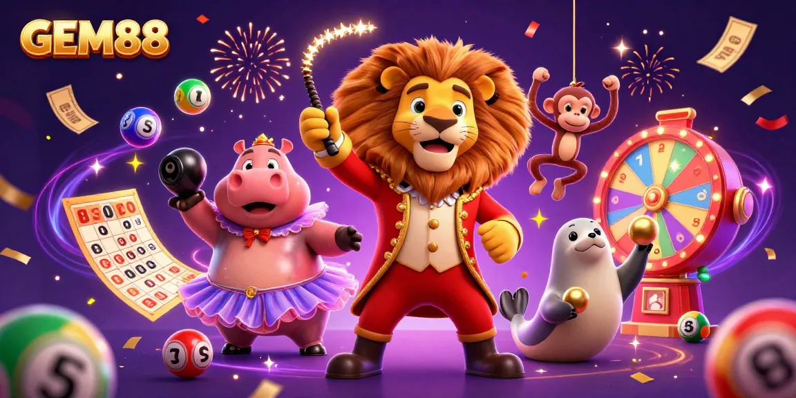 GEM88 brings excitement with its 3D cartoon circus characters, vibrant games, and lottery elements in a magical scene.
