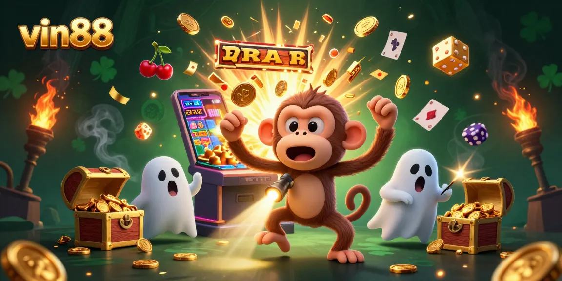 Experience the thrill of vin88 with mischievous monkey juggling casino treasures in a haunted setting.