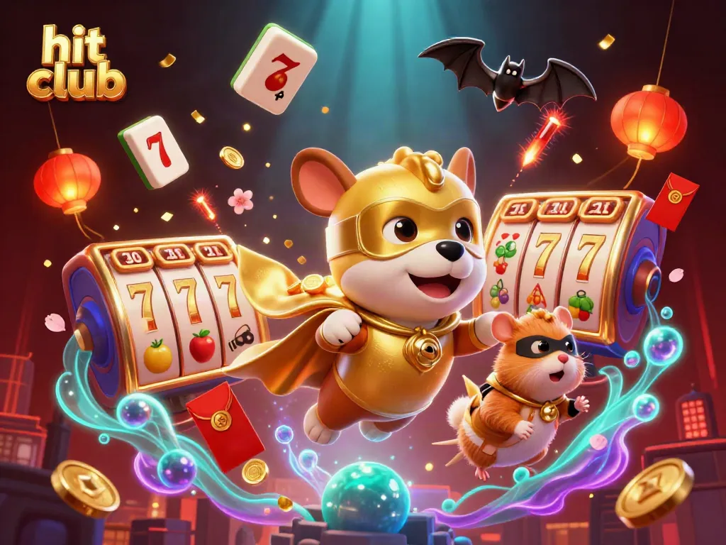 Experience winning excitement at hit club with a superhero dog and vibrant casino elements.