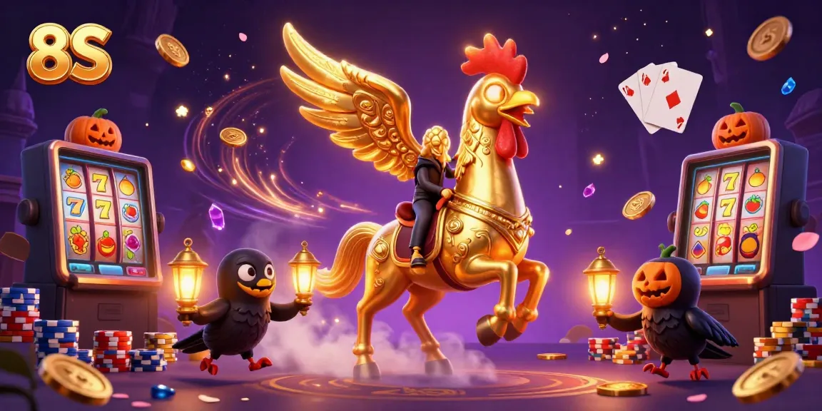 Engage at the 8S casino with golden rooster, slot reels, and sparkling gems in a magical scene.