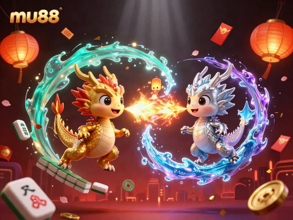 Experience thrilling adventures with mu88 as two dynamic dragons battle in this vibrant casino-themed scene.