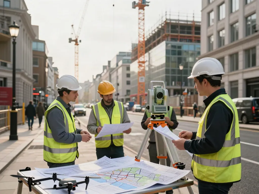 Surveyors in London conducting a Topographical Survey London at a construction site.