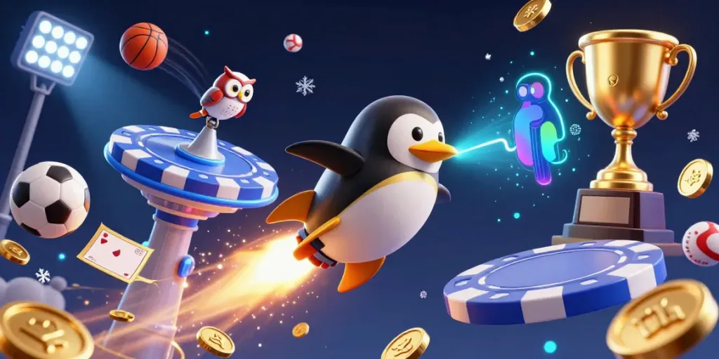 Experience thrilling winning moments with Sunwin's animated golden penguin in a vibrant casino universe.