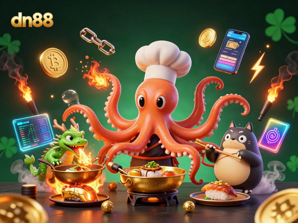 Engage with dn88's dynamic casino atmosphere featuring a sushi chef octopus and dragon characters.