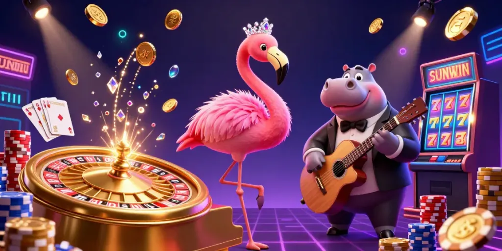 Experience the excitement of SUNWIN casino with a glamorous flamingo singer and lively gaming elements.