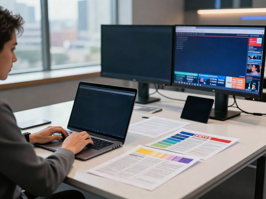 Dynamic journalism workspace at elligilgal.com, with a focused journalist reviewing breaking news on a laptop amidst vibrant digital screens.