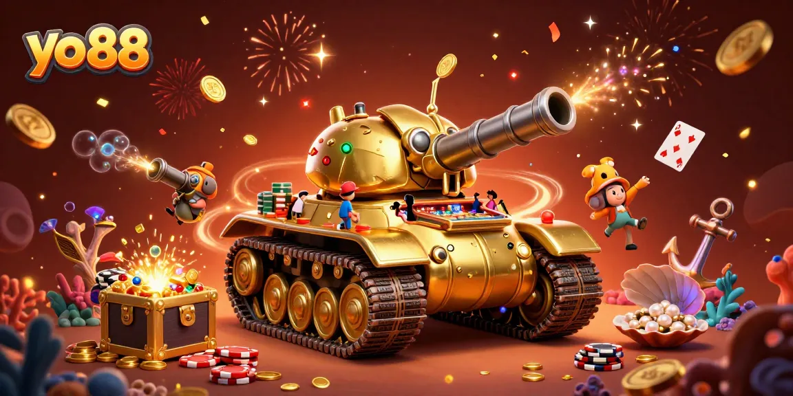 Experience the excitement of yo 88 with a dynamic golden beetle tank casino scene, featuring casino patrons and confetti.