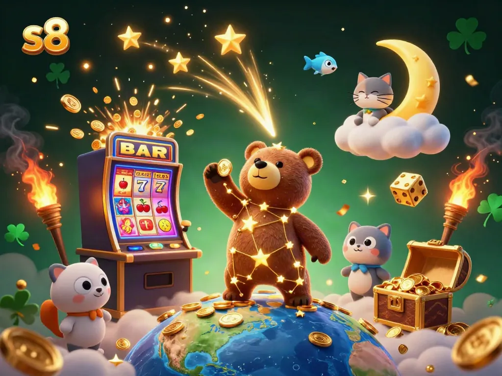 Engage in thrilling S8 gaming as the cartoon constellation bear scoops coins, with vibrant slot machines and lucky symbols