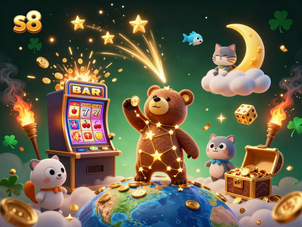 Engage in thrilling S8 gaming as the cartoon constellation bear scoops coins, with vibrant slot machines and lucky symbols