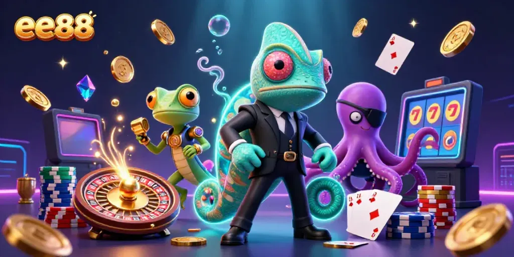 Engage in thrilling gameplay with the vibrant scene showcasing ee88, featuring dynamic casino elements and characters.