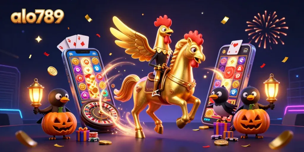 Alo789 engages players in a colorful casino scene with vibrant slot games and unique characters.