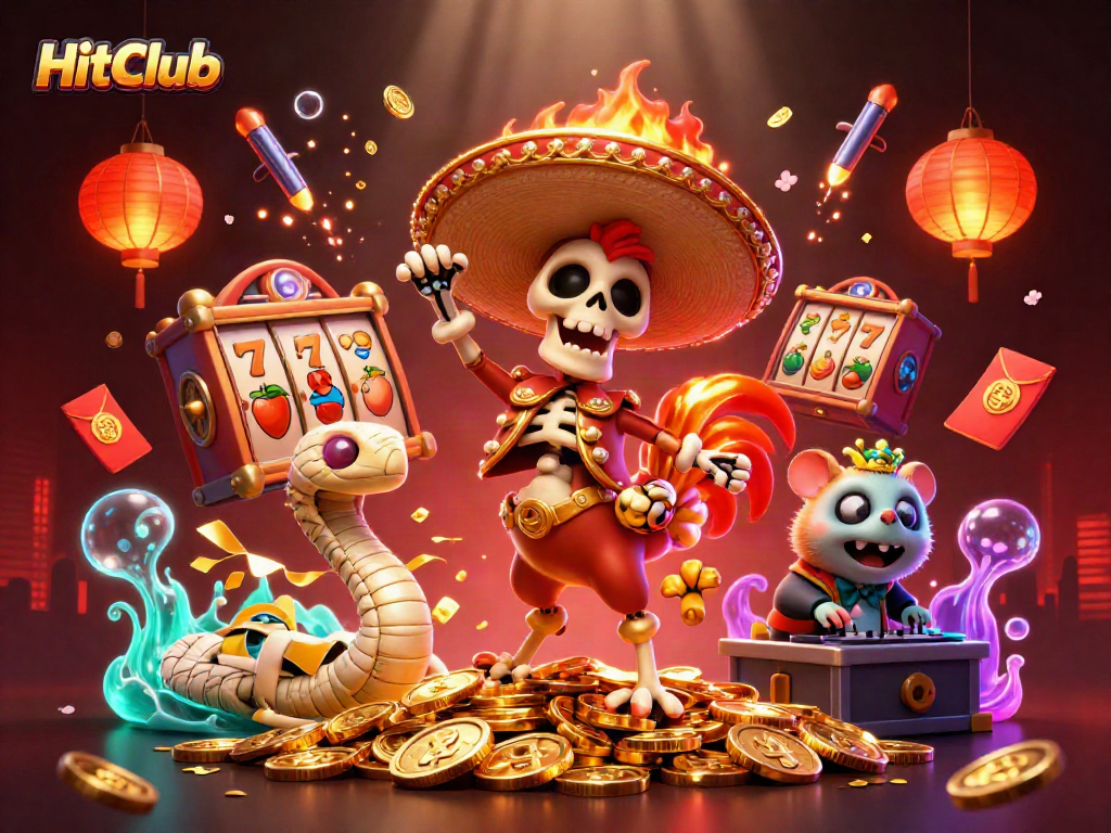 HitClub showcases vibrant 3D art featuring a celebratory scene with energetic characters in a festive casino setting.