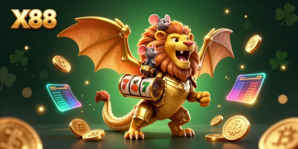 Spin and win with X88's dynamic slot-themed 3D casino scene featuring a roaring chimera.