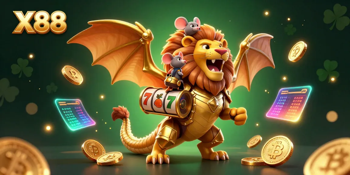 Spin and win with X88's dynamic slot-themed 3D casino scene featuring a roaring chimera.