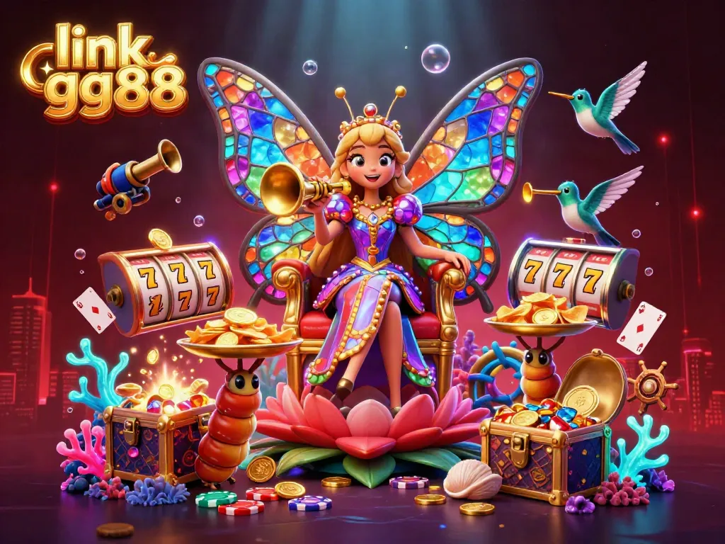 Experience the magical world of gaming with link gg88, featuring a butterfly queen on a flower throne surrounded by colorful casino elements.