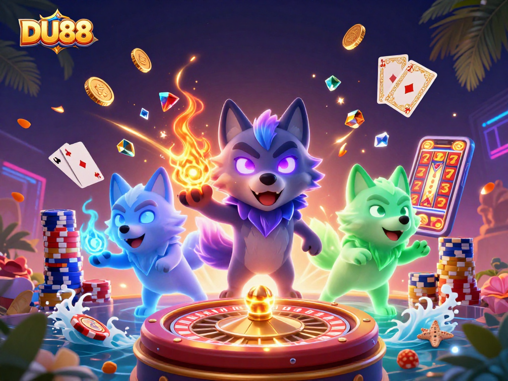 Engage with DU88's thrilling 3D casino experience featuring vibrant wolves and golden treasures.