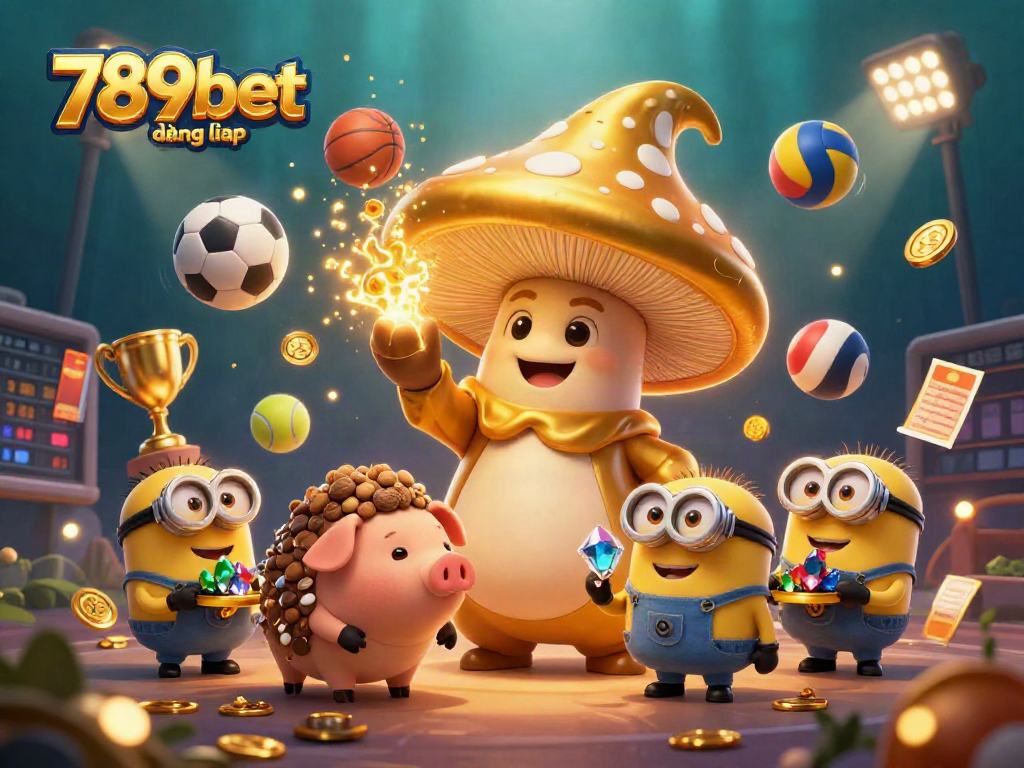 Experience the thrill of 789bet đăng nhập in this dynamic 3D casino illustration packed with sports elements.