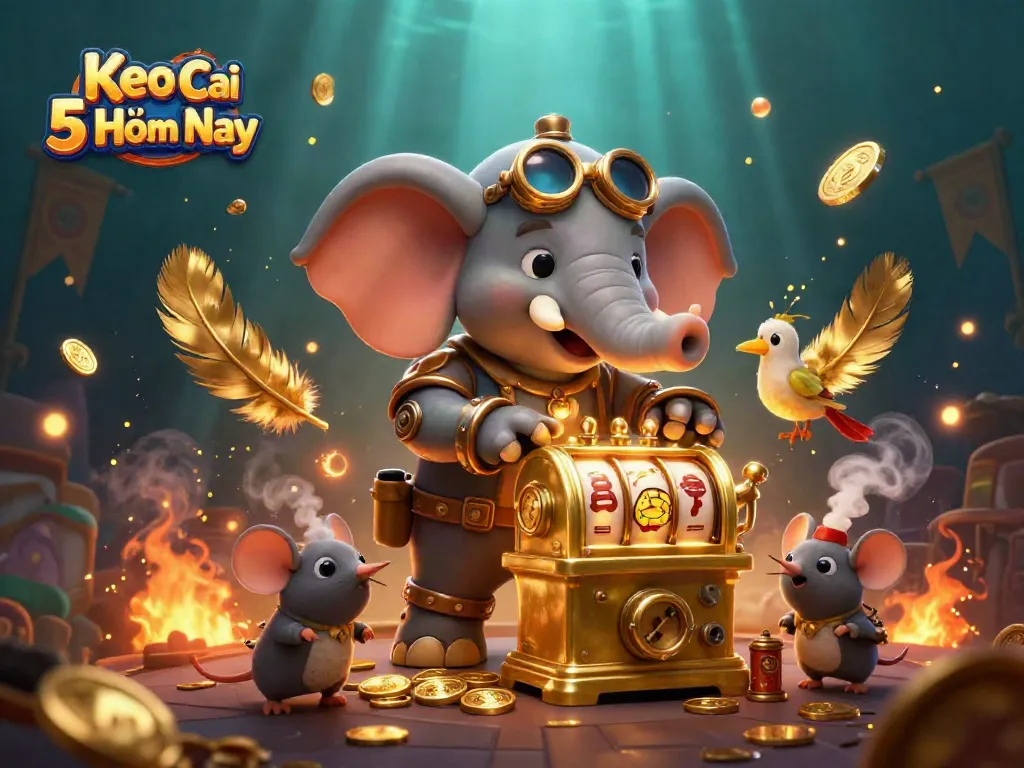 Engage with Keo Nha Cai 5 Hôm Nay through a vibrant steampunk-themed 3D slot machine scene
