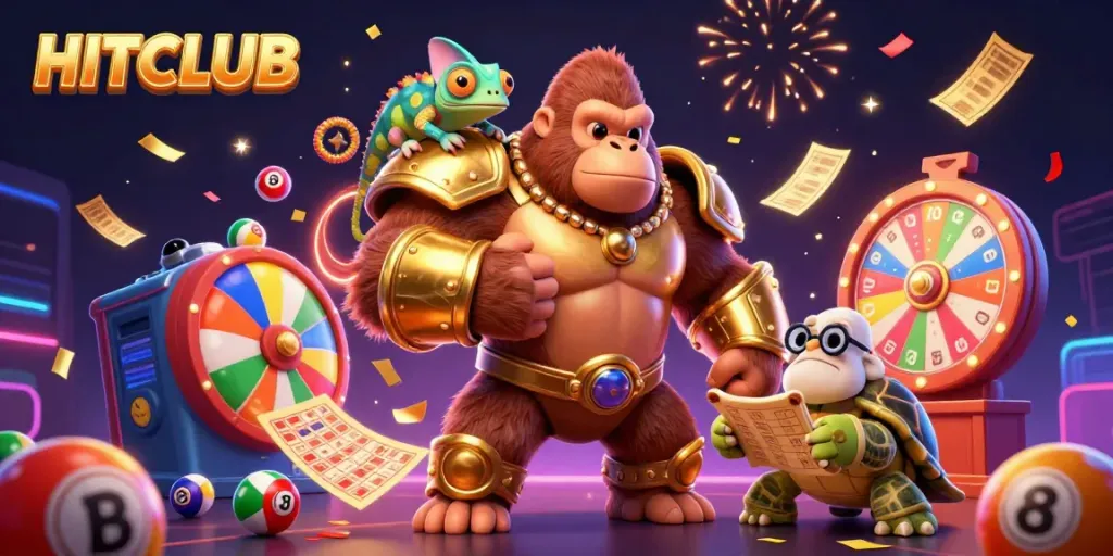 Engage with HITCLUB’s vibrant 3D gambling scene featuring a dynamic gorilla king, chameleon, and tortoise.
