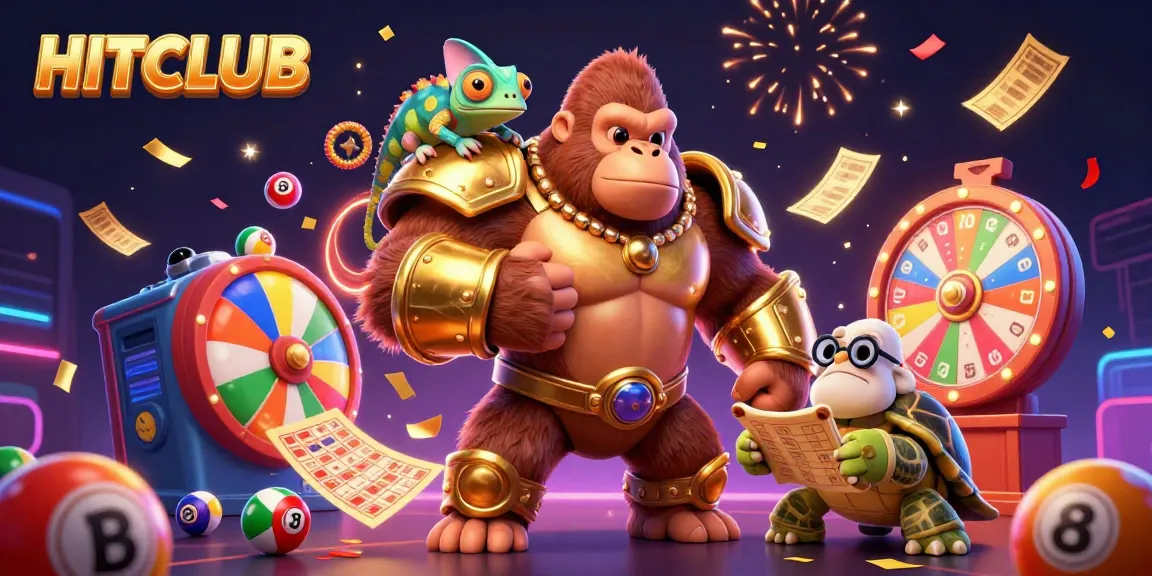 Engage with HITCLUB’s vibrant 3D gambling scene featuring a dynamic gorilla king, chameleon, and tortoise.