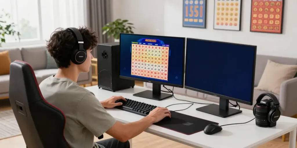 Exciting Bandar Togel online gaming scene with colorful lottery displays and gaming accessories.