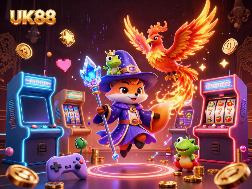 Experience the excitement of UK88 with a mystical fox wizard and a fiery phoenix in a vibrant 3D casino scene.