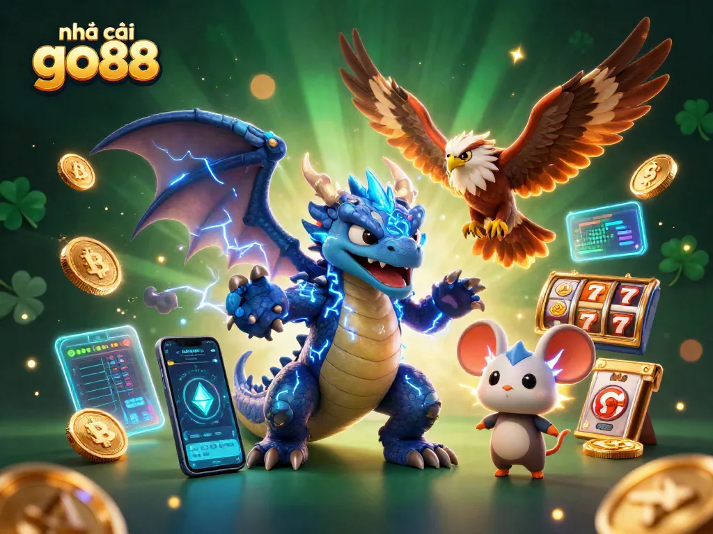 Experience thrilling gambling action at nhà cái go88 with vibrant 3D cartoon art illustrating dynamic games and characters.
