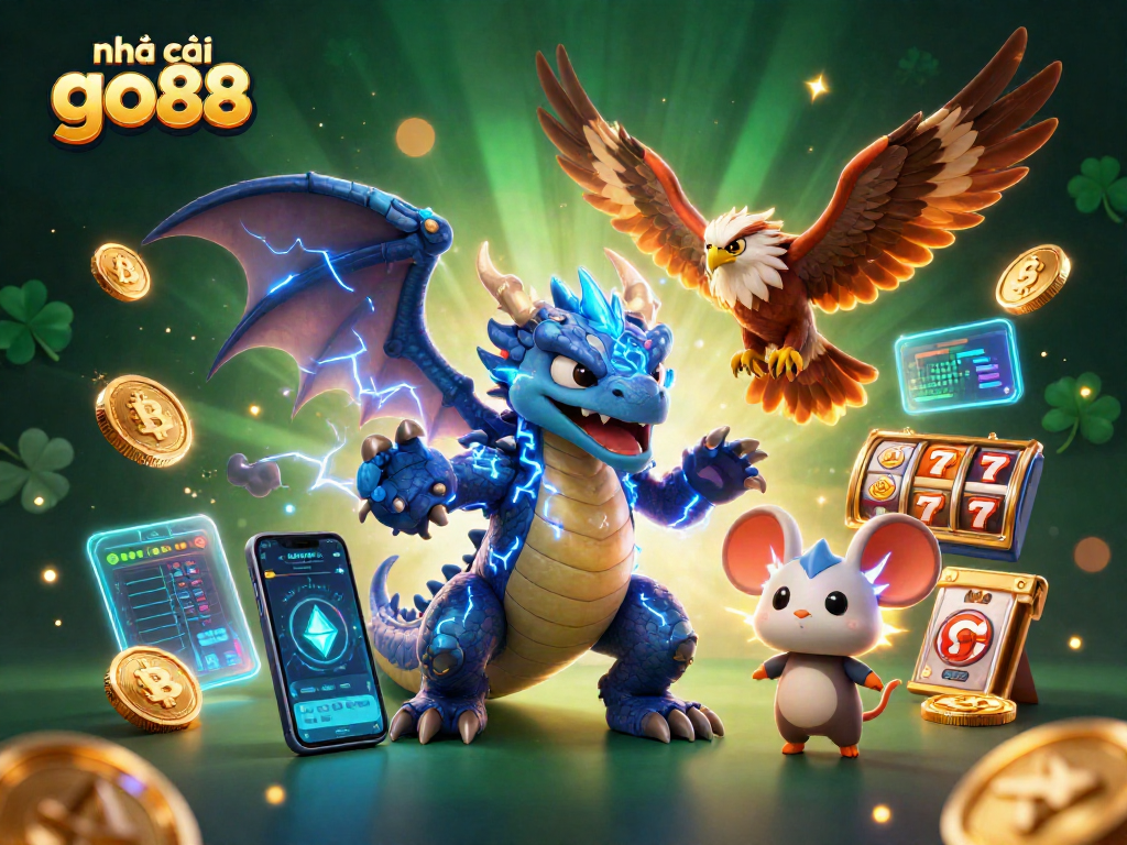 Experience thrilling gambling action at nhà cái go88 with vibrant 3D cartoon art illustrating dynamic games and characters.
