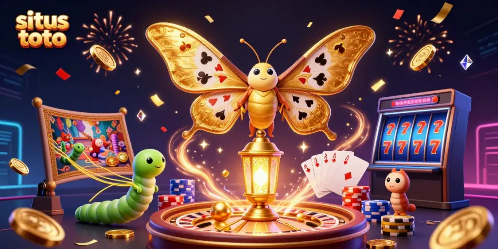 Feel the excitement of situs toto with golden coins, colorful poker chips, and vibrant casino elements bursting forth.