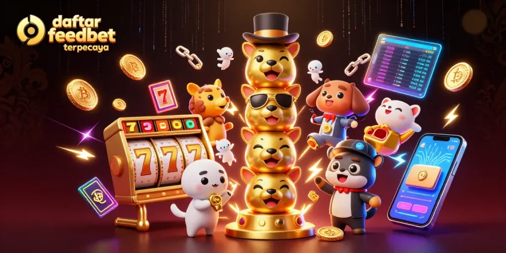 Experience the excitement with daftar feedbet terpercaya featuring vibrant slot games and glowing crypto elements.