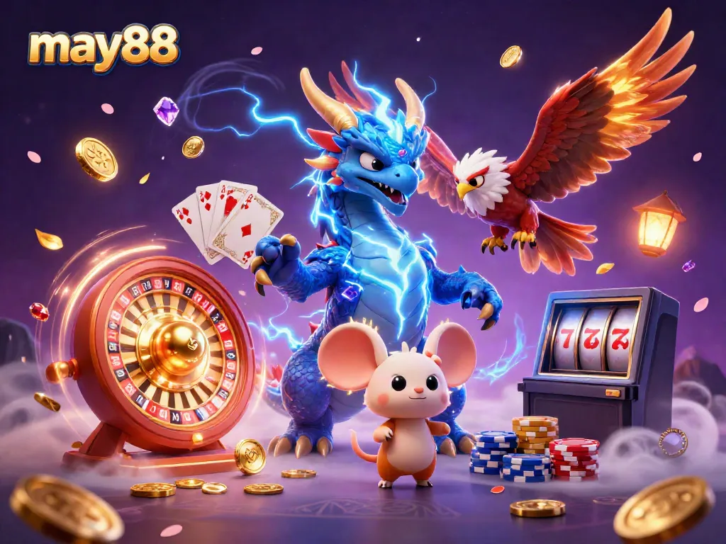 Engaging illustration showcasing may88 with an energetic dragon, glowing hawk, and playful mouse in a vibrant casino setting.