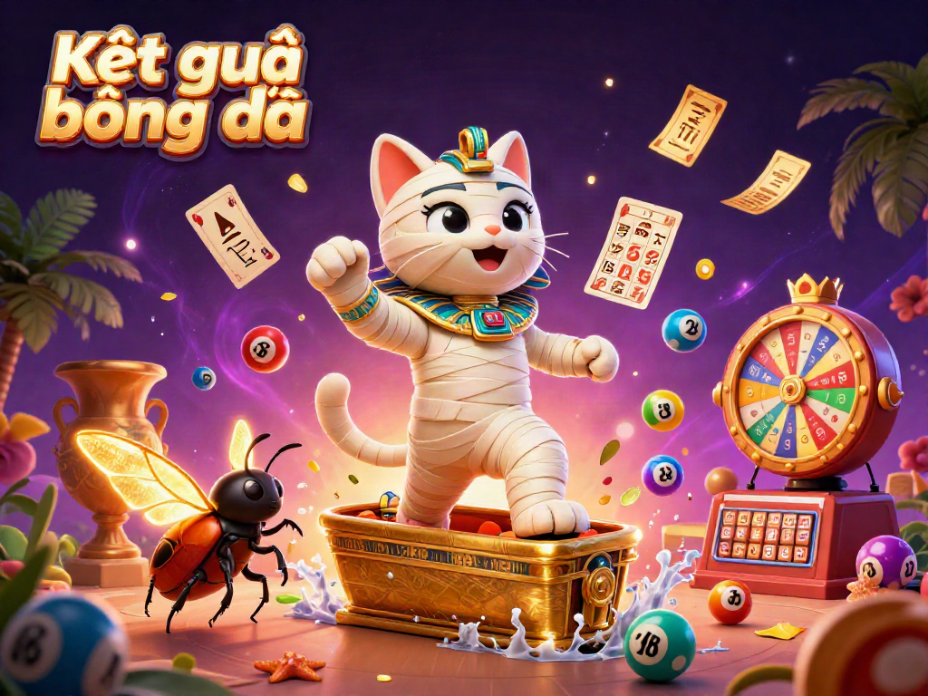 Experience Kết quả bóng đá in a vibrant 3D illustration featuring a mummy cat and golden elements.
