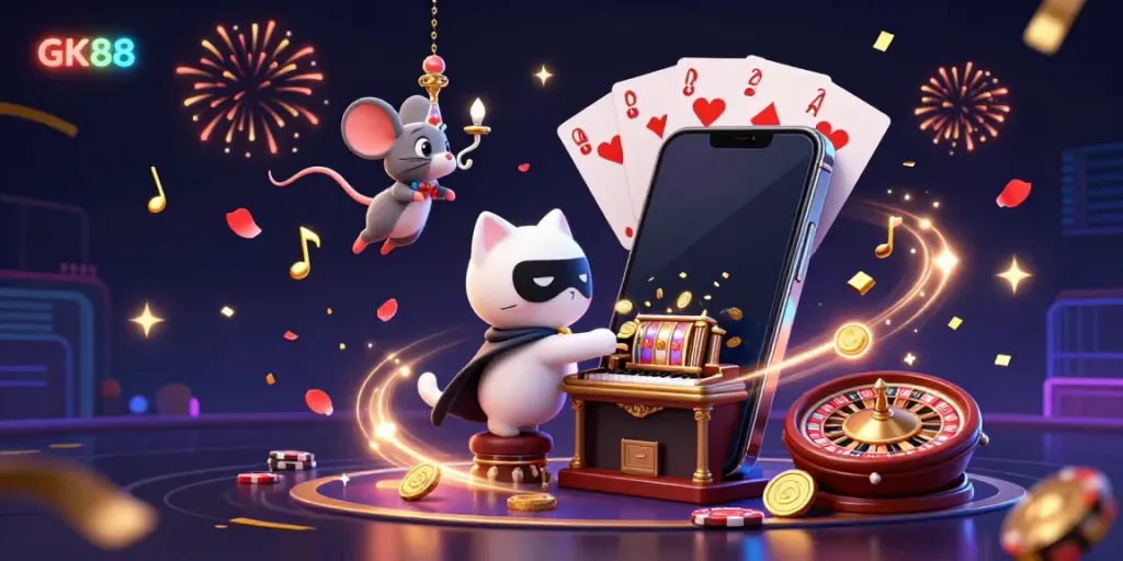 Experience the enchanting world of GK88 with a whimsical casino scene featuring engaging characters and colorful elements.