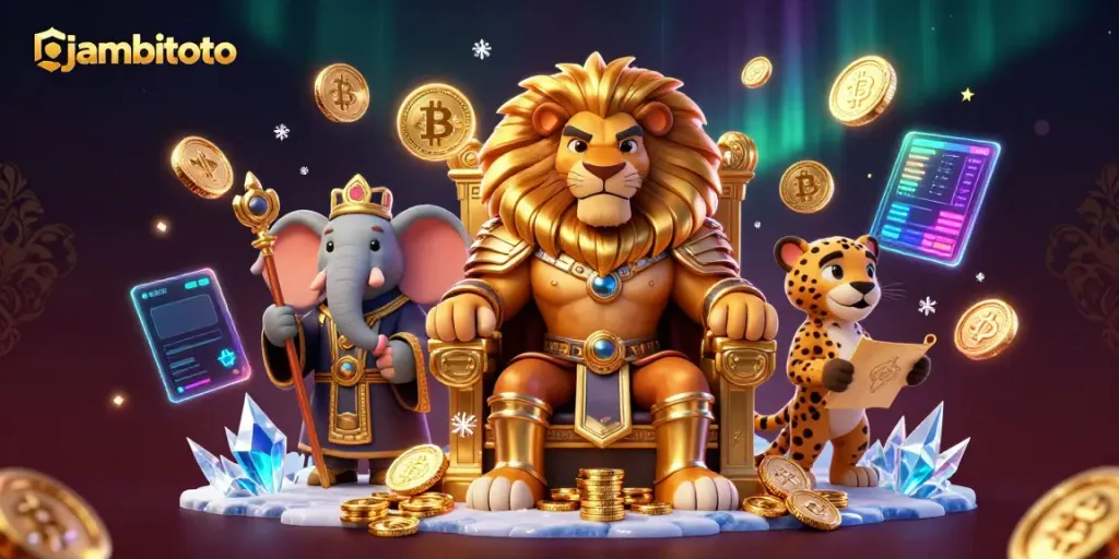 Place bets confidently with jambitoto, featuring a regal king, wise advisor, and swift messenger in a vibrant casino scene.