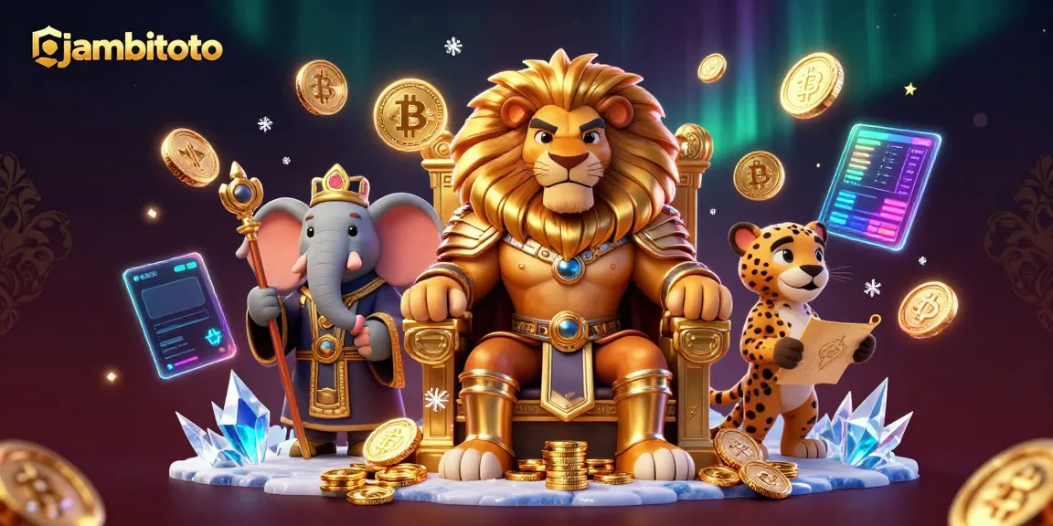Place bets confidently with jambitoto, featuring a regal king, wise advisor, and swift messenger in a vibrant casino scene.