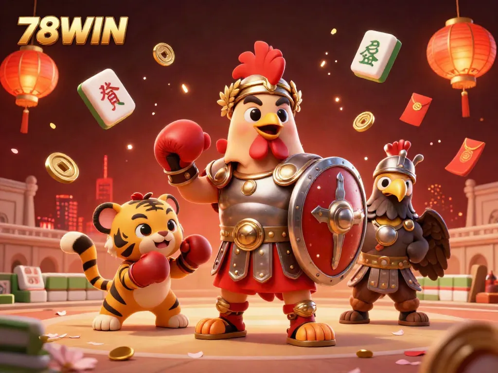 Experience thrilling adventures with 78WIN in a vibrant 3D gaming atmosphere, featuring epic characters and festive elements.