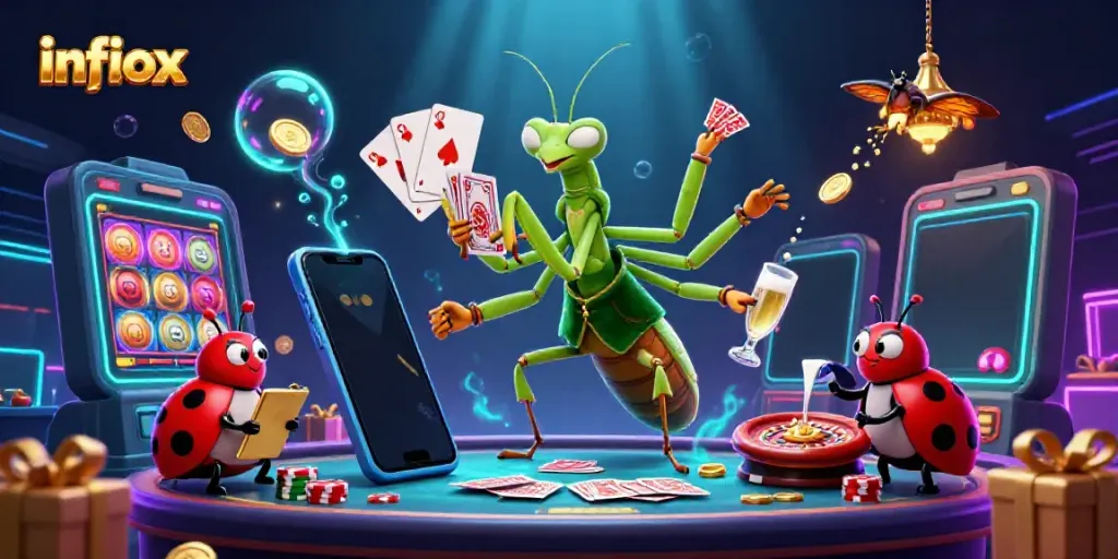 Experience the thrilling action at infiox with a captivating digital casino illustration featuring lively casino characters.