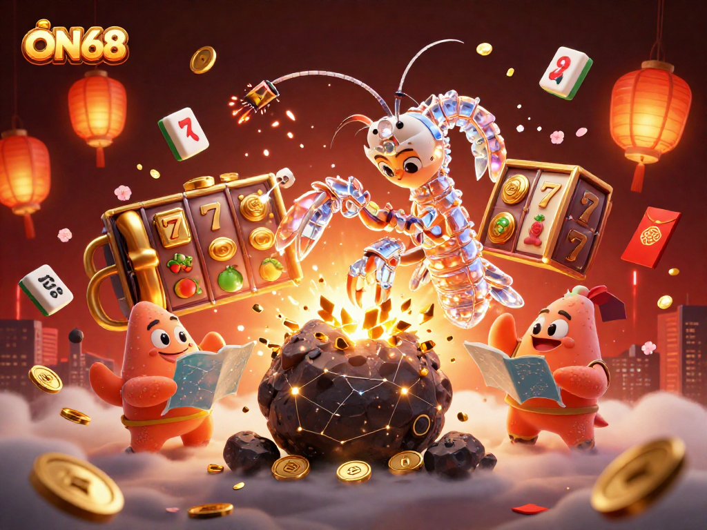 Engage with ON68's thrilling slots scene, showcasing action-packed samurai shrimp amidst golden winnings.