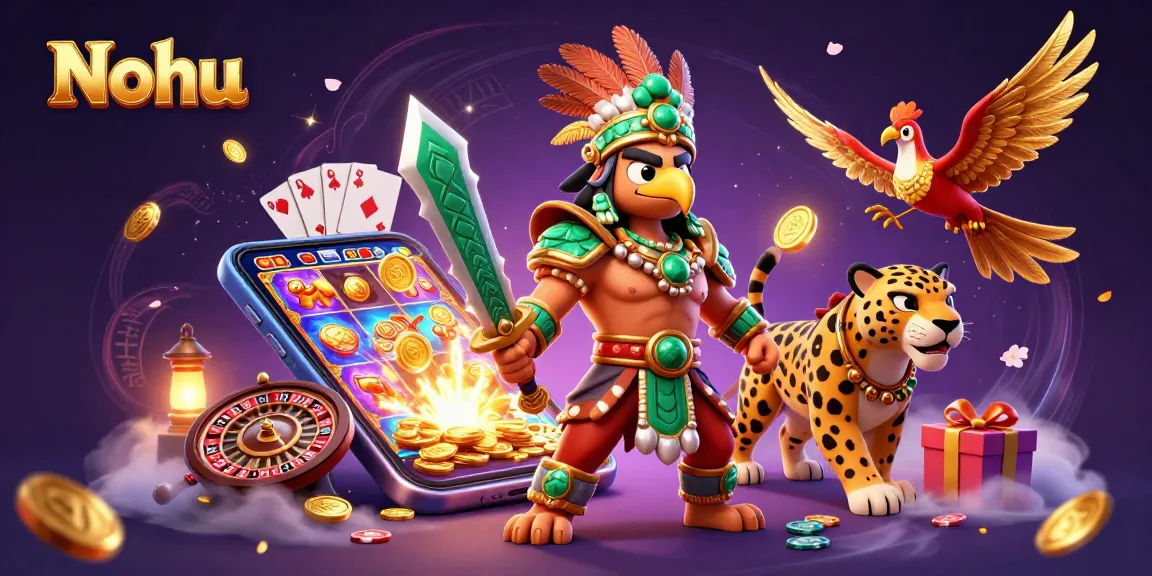 Nohu offers an immersive slot gaming experience with Aztec warriors and vibrant casino elements.