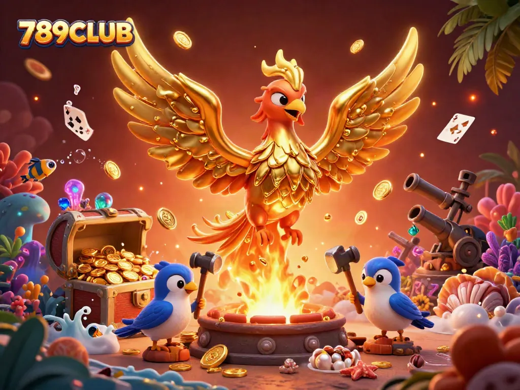 Experience 789CLUB's thrilling gaming adventure with molten golden phoenix amidst vibrant treasures.