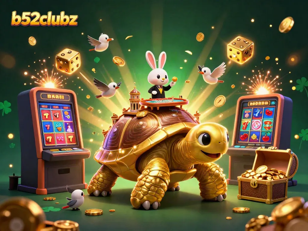 Experience excitement at b52clubz with a vibrant casino scene featuring a golden tortoise and festive gaming elements.