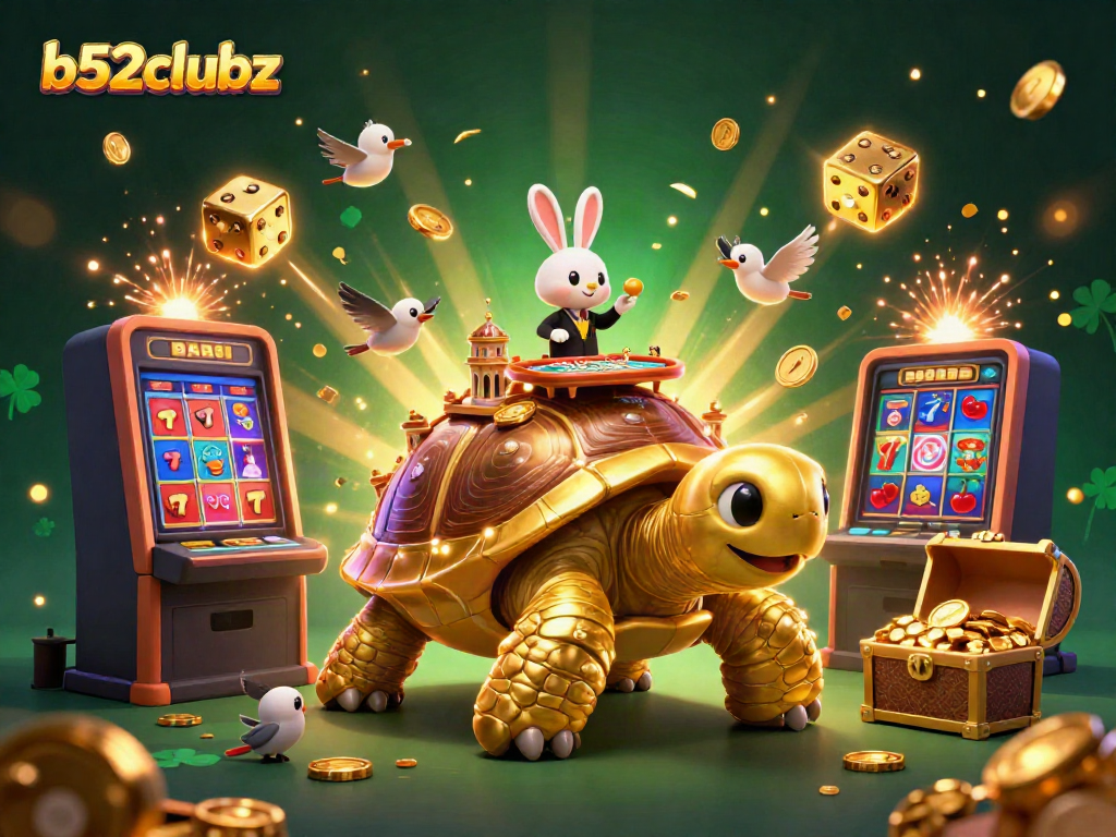 Experience excitement at b52clubz with a vibrant casino scene featuring a golden tortoise and festive gaming elements.