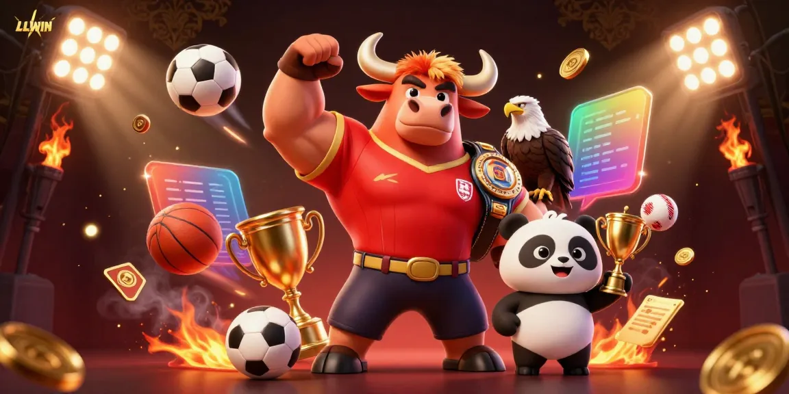 LLWIN offers thrilling sports betting with a dynamic illustration featuring a bull mascot, eagle, and panda amidst engaging game elements.